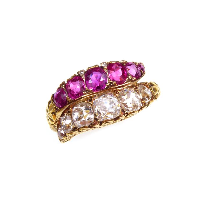 Antique ruby and diamond two row crossover ring, of graduated five stone design | MasterArt